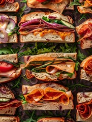 Aufkleber - A variety of sandwiches of different shapes, sizes, and fillings neatly arranged on a plate. Delightful colors and textures create a mouth-watering display. Generative AI