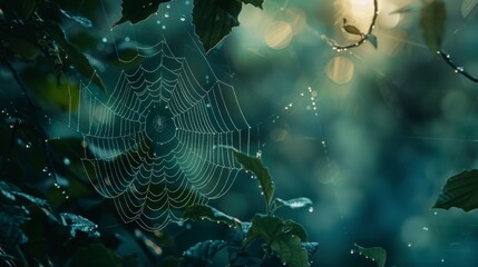 Poster - A dew-kissed spiderweb suspended among lush foliage, showcasing the intricate beauty of nature's delicate architecture.