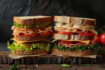 Aufkleber - A variety of sandwiches stacked high on a rustic wooden cutting board, showcasing a tempting display of fresh ingredients and fillings. Generative AI