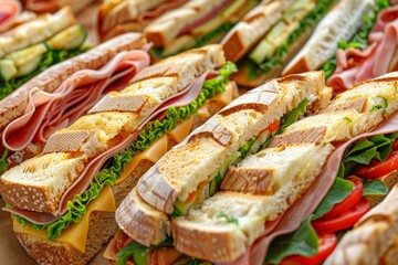 Aufkleber - Explore a variety of mouth-watering sandwiches nestled in a cardboard box, showcasing a colorful array of tasty fillings ready to be enjoyed. Generative AI