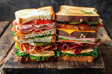 Aufkleber - A tower of delicious sandwiches stacked on a rustic wooden table, showcasing a variety of fillings and flavors. Generative AI