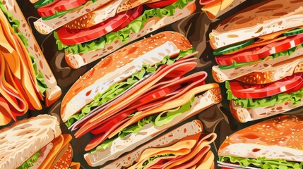 Aufkleber - A vibrant collage of sandwiches, showcasing a variety of fillings, set against a striking black background. Generative AI