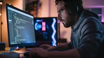 Wall Mural - Web and software programmer working with his computer.