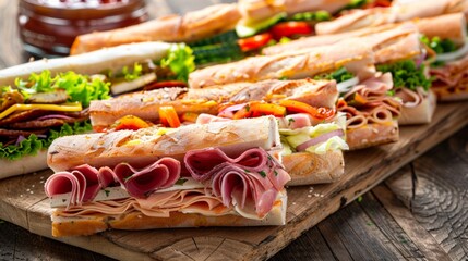 Aufkleber - A variety of mouthwatering sandwiches with assorted fillings displayed on a rustic wooden cutting board. Generative AI