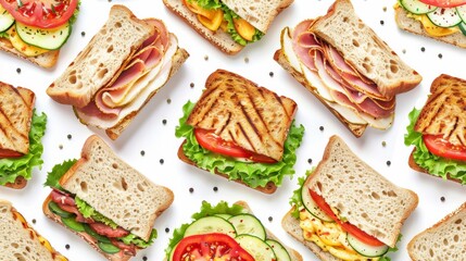 Aufkleber - A vibrant collage of assorted sandwiches on a crisp white background, showcasing a variety of fillings and textures. Generative AI