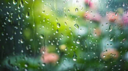 Poster - A dreamy close-up of raindrops on a windowpane overlooking a lush garden, blending the elements of nature and human habitation.