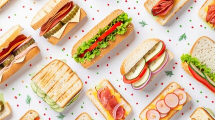 Aufkleber - A vibrant assortment of sandwiches, each with a unique filling, artfully arranged on a pristine white background. Generative AI