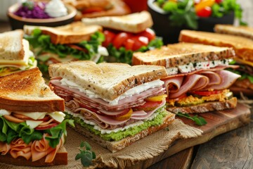 Aufkleber - A variety of sandwiches with different fillings presented on a rustic wooden cutting board, showcasing a delectable selection for a tasty meal or snack. Generative AI