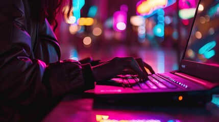 A person is using a laptop on a table, their hands are visible on the keyboard, suggesting they are typing. The surroundings are dimly lit, glowing with vibrant neon lights, which create a colorful bo