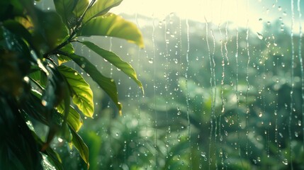 Poster - A dreamy close-up of raindrops on a windowpane overlooking a lush garden, blending the elements of nature and human habitation.
