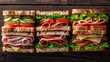 © Anat art - A variety of mouth-watering sandwiches with assorted fillings beautifully arranged on a rustic wooden table. Generative AI