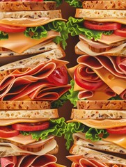 Aufkleber - A whimsical seamless pattern of sandwiches with various fillings dancing across a rich brown background. Generative AI