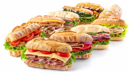 Poster - An array of miniature sandwiches filled with various ingredients, elegantly displayed on a stark white background. Generative AI