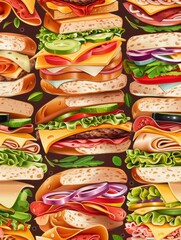 Aufkleber - Seamless pattern of assorted sandwiches on a warm brown background, creating a dynamic and appetizing visual experience. Generative AI