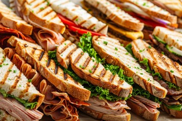 Aufkleber - A variety of delicious sandwiches stacked high on a plate, showcasing different fillings and flavors to tempt the taste buds. Generative AI