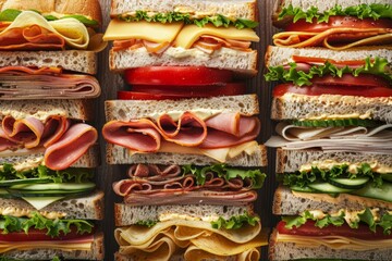 Aufkleber - A vertical tower composed of a variety of sandwiches with different fillings stacked on top of each other in a visually appealing arrangement. Generative AI