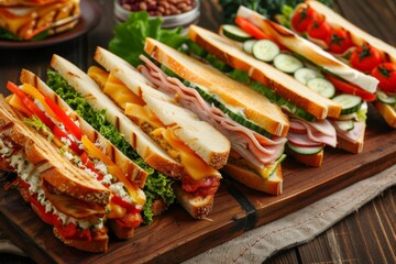 Aufkleber - A variety of mouth-watering sandwiches sit atop a wooden cutting board, showcasing a delicious array of fillings and flavors. Generative AI