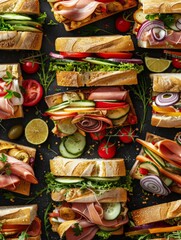Aufkleber - An assortment of delectable sandwiches with various fillings showcased on a sleek black background. Generative AI
