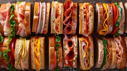 Aufkleber - A vibrant display of assorted sandwiches lined up beautifully in a row, showcasing a variety of fillings and flavors. Generative AI