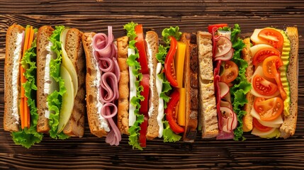 Aufkleber - A variety of delicious sandwiches lined up neatly on a wooden table, showcasing different fillings and textures. Each sandwich is artfully crafted and ready to be devoured. Generative AI