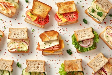 Aufkleber - A variety of sandwiches, each filled with mouthwatering ingredients, are meticulously arranged on a pristine white surface. Generative AI