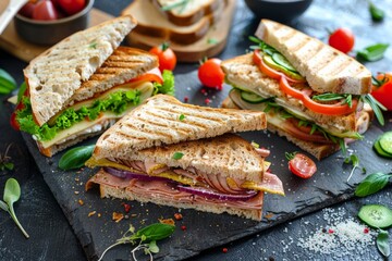 Aufkleber - A mouth-watering assortment of sandwiches with various fillings beautifully displayed on a slate table. Generative AI