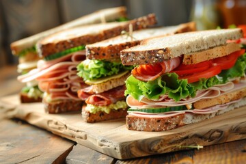 Aufkleber - A row of mouth-watering sandwiches lined up on a rustic wooden cutting board, showcasing various fillings and textures. Generative AI