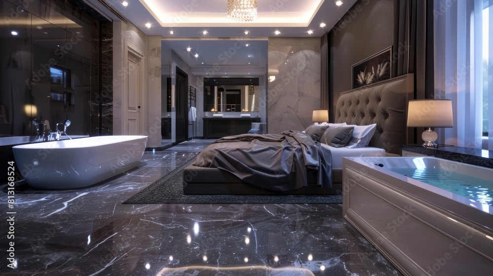 Step Into The Luxury Of A Modern Bedroom Suite And Bathroom, Rendered ...