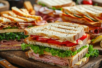 Aufkleber - A diverse assortment of mouthwatering sandwiches is beautifully displayed on a wooden cutting board, showcasing a variety of fillings and textures. Generative AI