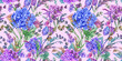 Seamless watercolor pattern drawn in pencil with hydrangeas and summer plants