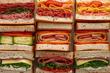 Aufkleber - An assortment of delectable sandwiches showcasing various fillings lined up in a row, tempting the viewer with their delicious ingredients. Generative AI