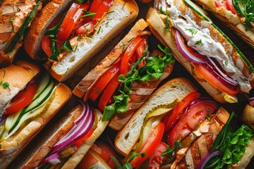 Aufkleber - A vibrant display of numerous sandwiches overflowing with various fillings on a rustic wooden table. Generative AI