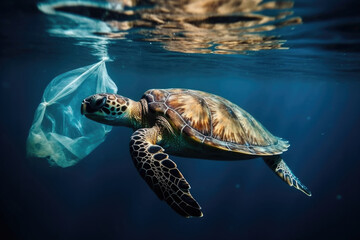 A turtle is seen swimming in the ocean, carrying a plastic bag in its path. The plastic pollution poses a threat to marine life and ecosystems