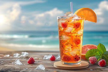 Fresh summer drinks cocktails with berries, fruits, ice and frost on glasses. Vacation open beach bar concept.