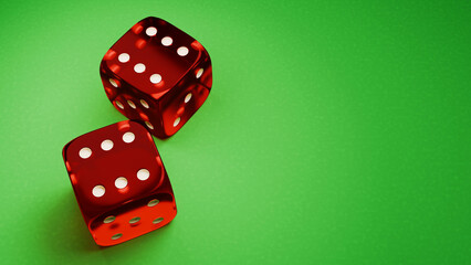 Fototapete - Gambling game banner. Two red dice on the green table. 3d render.