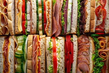 Aufkleber - A row of diverse sandwiches with assorted fillings, showcasing an array of flavors, textures, and colors in a culinary masterpiece. Generative AI