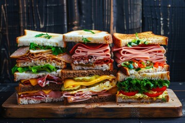Aufkleber - A towering stack of assorted sandwiches standing tall on a rustic wooden cutting board. Generative AI