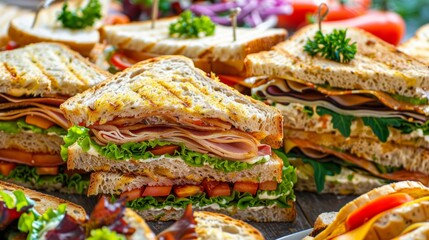 Aufkleber - A tower of delectable sandwiches with various fillings stands tall on a rustic wooden table, ready to be savored with each bite. Generative AI