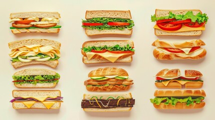 Aufkleber - A variety of mouth-watering sandwiches displayed on a crisp white background, showcasing an array of fillings and flavors. Generative AI