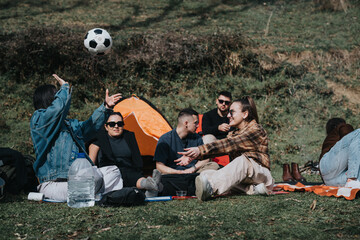 Poster - Group of friends playing with a football during a picnic in a grassy field, capturing fun and leisure time