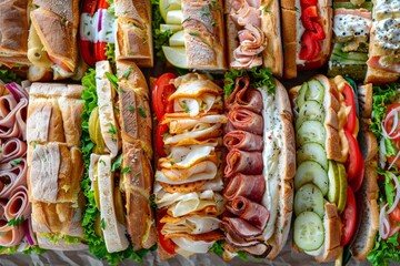 Aufkleber - A variety of sandwiches, each unique in its filling and presentation, are meticulously arranged on a table. Generative AI