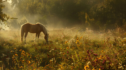Wall Mural - A horse is peacefully grazing in a field filled with colorful flowers on a sunny day