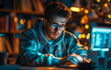 Wall Mural - A man is sitting at a desk with a laptop in front of him. He is wearing glasses and a plaid jacket. The room is dimly lit, and there are several books scattered around the area