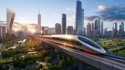 Aufkleber - A high-speed train passing through an urban landscape, illustrating efficient mass transit systems in modern cities.