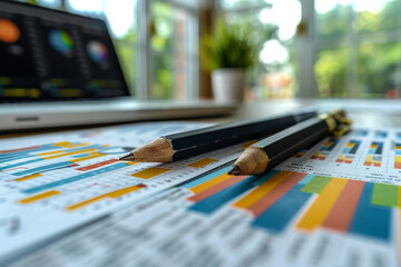 Poster - A quarterly review meeting evaluating performance metrics and KPIs. Concept of performance management and accountability. Generative Ai.