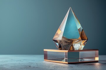 Poster - An elegant glass pyramid sits atop a sleek stand, symbolizing structure, stability, and the interplay between form and function