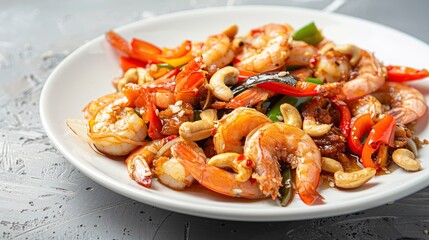 Wall Mural - Stir fried crispy shrimp with cashew nuts and sweet pepper in white plate. Generative Ai
