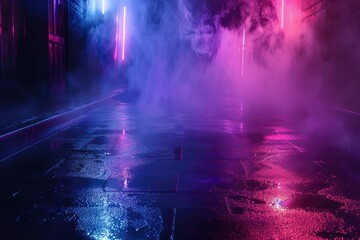 Wall Mural - Empty background scene. Dark street reflection on the wet pavement. Rays neon light in the dark, neon figures, smoke. Night view of the street, the city. Abstract dark background - generative ai