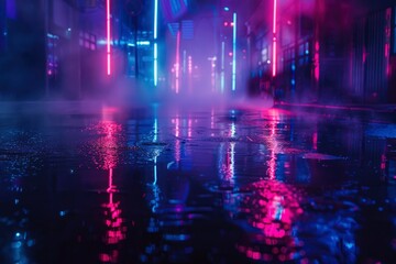 Wall Mural - Empty background scene. Dark street reflection on the wet pavement. Rays neon light in the dark, neon figures, smoke. Night view of the street, the city. Abstract dark background - generative ai