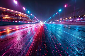 Poster - A nighttime speedway scene with light trails emphasizing motion and speed on the racing surface